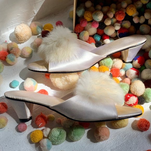 Shoes - Vintage 1960s rabbit fur satin wedding boudoir heeled slippers